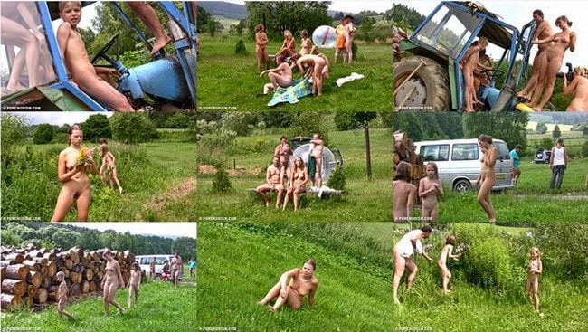 Videos with young nudists in nature - Grassy outdoor fitness