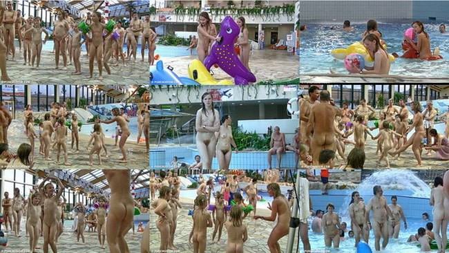 European naturism video in the water park with a swimming pool